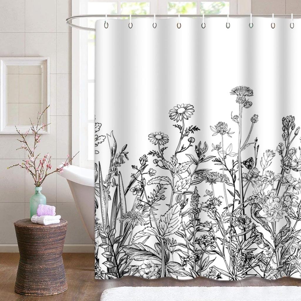 Duschvorhang floraler Rand Kräuter und Wildblumen Pflanzen Vintage Gravur hellgrauer Hintergrund schwarzer Polyesterstoff