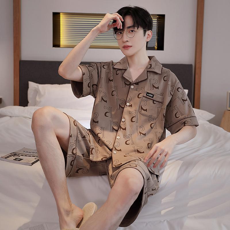 Herren Baumwoll-Cardigan Homewear Mode Nachtwäsche Kurze Ärmel Shorts Pyjama-Set Loungewear