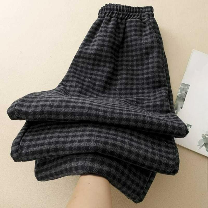 Wool Blend Plaid Straight-leg Pants Elastic Waist Casual Trousers