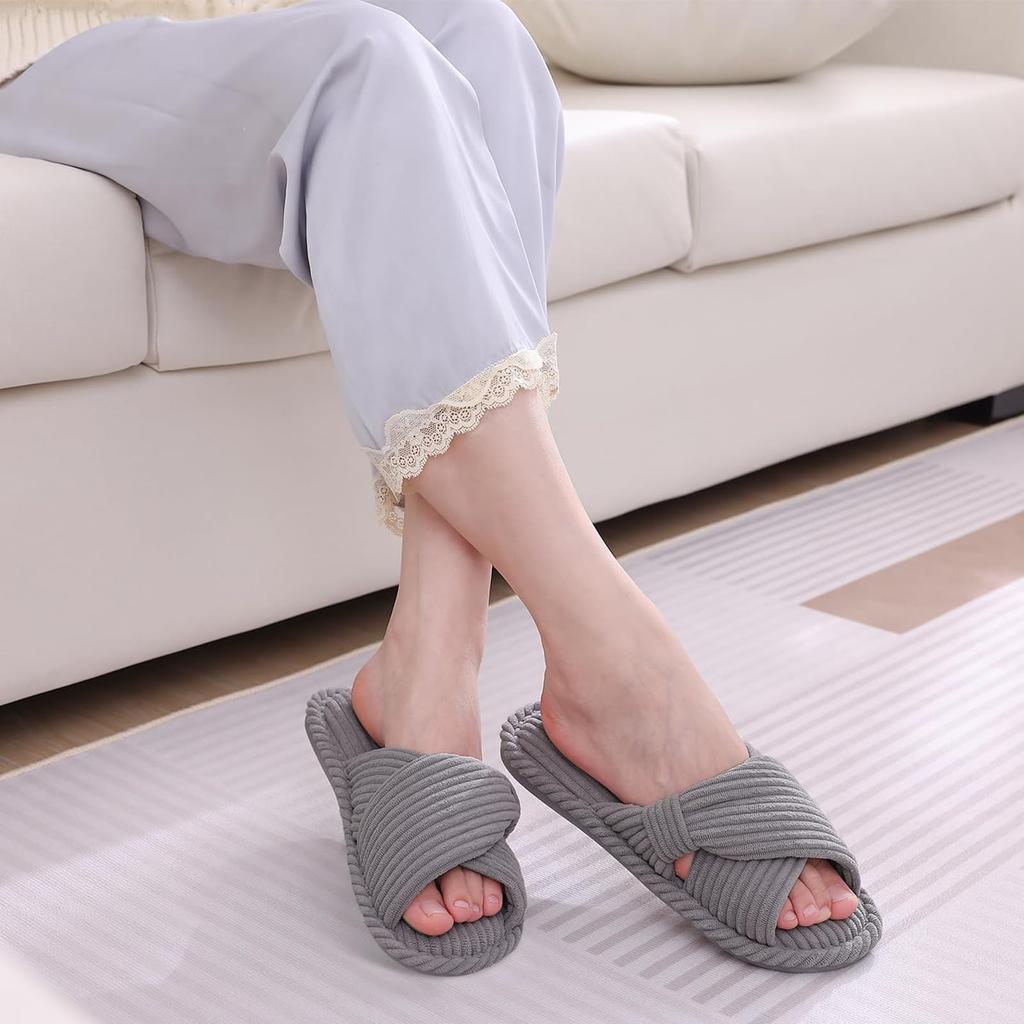 Fashion Shevalues Women Fluffy House Slippers Fashion Corduroy Cross Bow Indoor Slippers New Open Toe Slip On Bedroom Memory Foam Shoes
