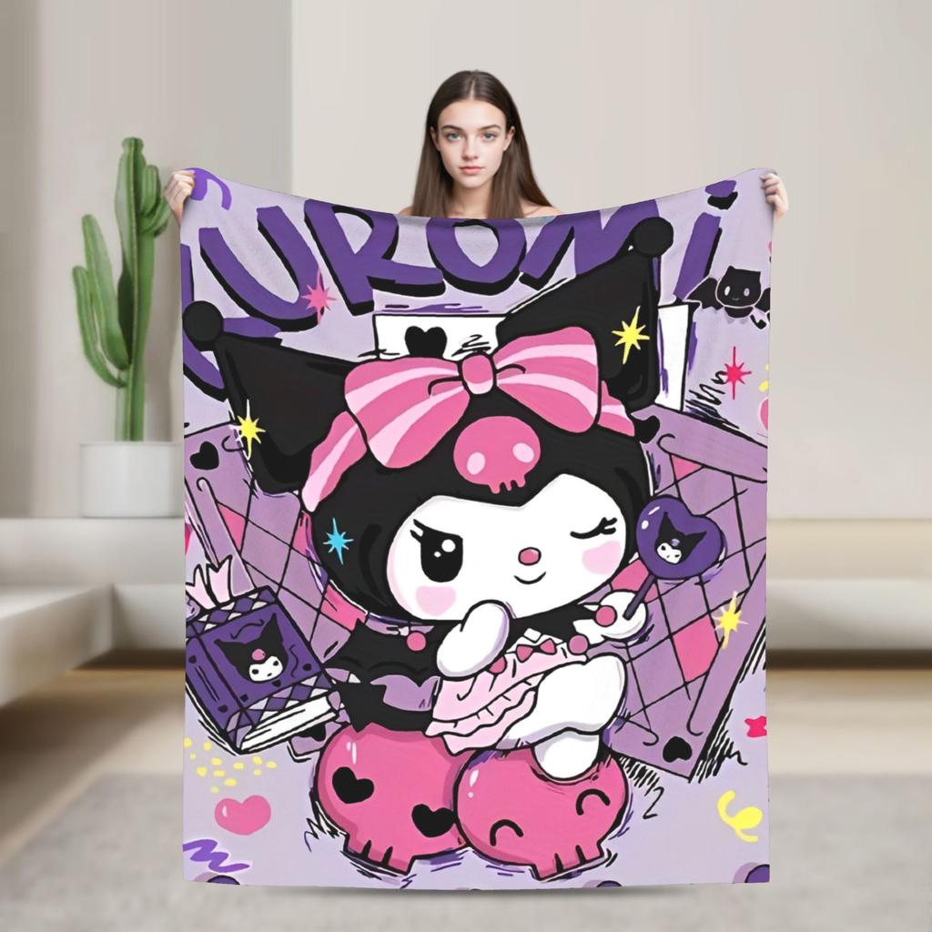 Purple Kuromi Blankets Kawaii Cartoon Wool Awesome Breathable Throw Blankets for Bedspread Autumn/Winter