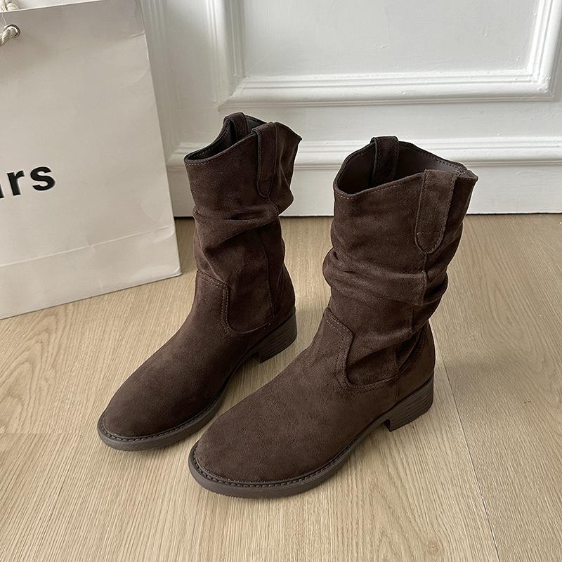 Pleated Stacking Boots 2025 New Summer Thick Heel V Mouth Thin Versatile Low Tube American Retro Western Cowboy Boots