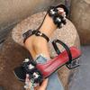 Summer Women High Heel Sandals Crystal Buckle Thick Heel Slippers Fashionable Floral Sandals Designer Rubber Sole Simple Shoes