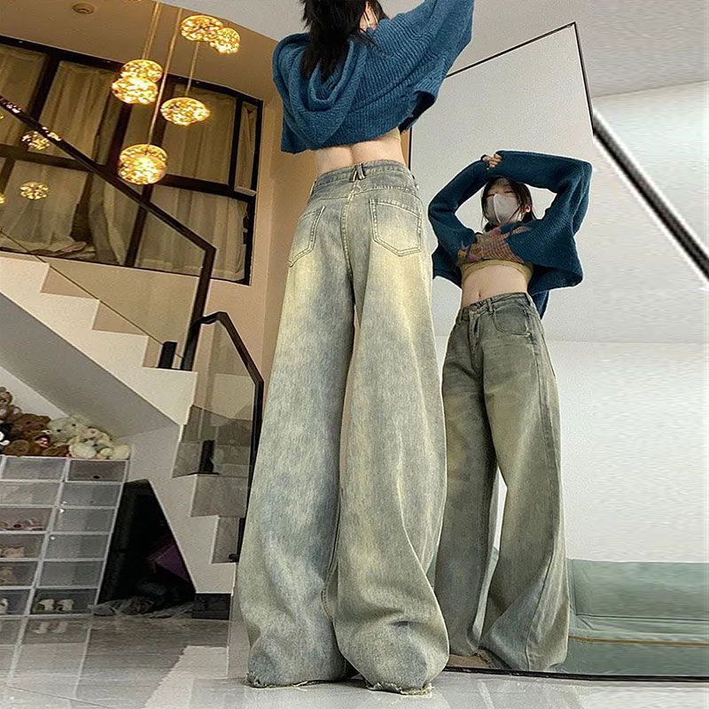 Cor nostálgica jeans retrô feminino design ins senso de design borda áspera pequena solto e fino reto perna larga calças moda