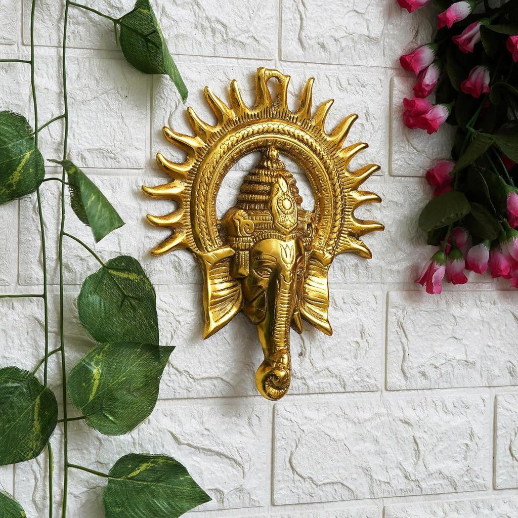 Golden Metal Sun Decorative Ganesha Wall Hanging | Lord Ganesha Statue Wall Art- Decorative Showpiece for Wall Decor