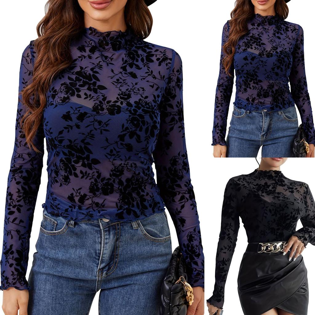 Women's Solid Color Bra Free Stand Up Collar Mesh Base Shirt Long Sleeved Top Top