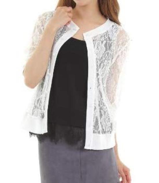 Sarah Rose Lace Sleeve Floral Print Knit Summer Cardigan with Button Front and Women's Cardigan, 5/8 See-Through U-Neck (XL, White)