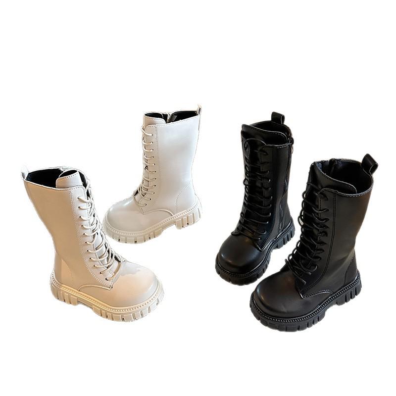 Stivali alti in pelle antiscivolo per bambini con cerniere laterali, Primavera/Autunno, Resistenti all'usura, Dr. Ispirate a Martens, Disponibili in Bianco Sporco e Nero.