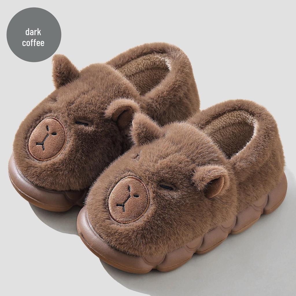 Capybara Women's Winter Cotton Slippers - Cute Cartoon Fluffy Heel, Parent-Child Warm Shoes for Kids & Men.