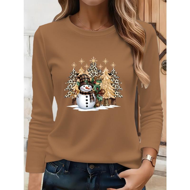 Christmas women's round neck long sleeves - Christmas snowman leopard print Christmas tree print, loose fit, machine washable