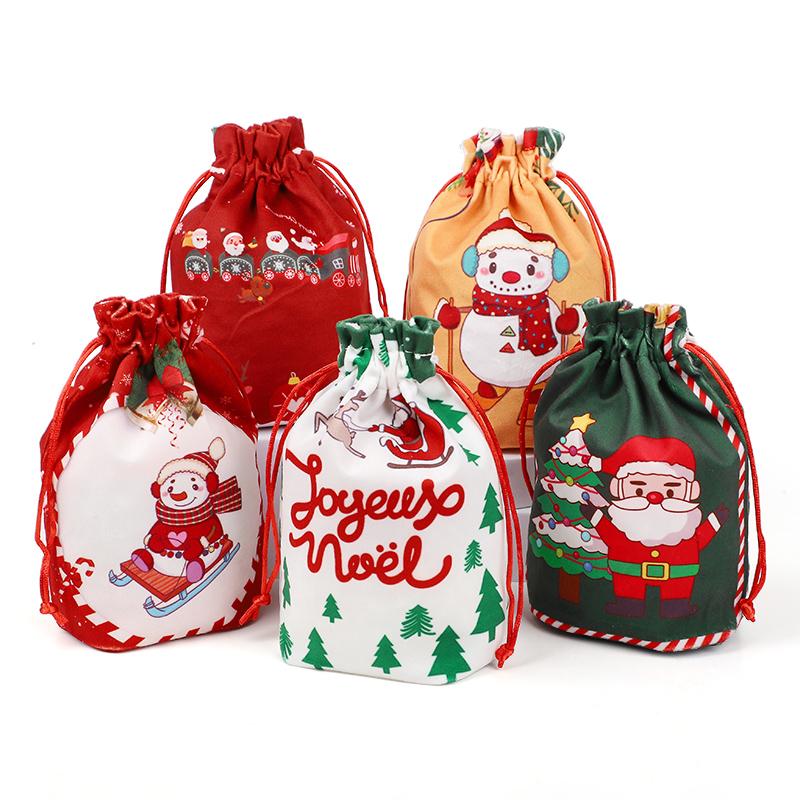 5pcs Christmas Drawstring Gift Bag Cartoon Candy Cookie Apple Wrap Bag Kids New Year Party Favors Supplies Christmas Decoration
