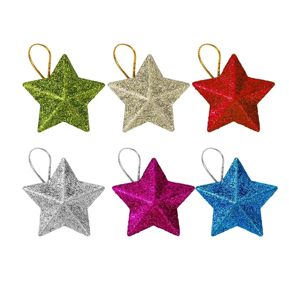 120/6Pcs Glitter Star Ornaments Christmas Tree Hanging Pentagram Pendant for Home Navidad New Year Party DIY Five-pointed Stars