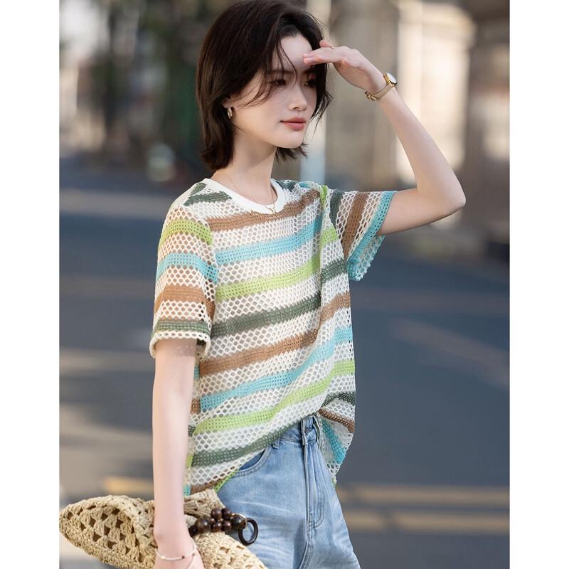 De Mana Women's Cloud Cotton Striped Short-Sleeve T-Shirt