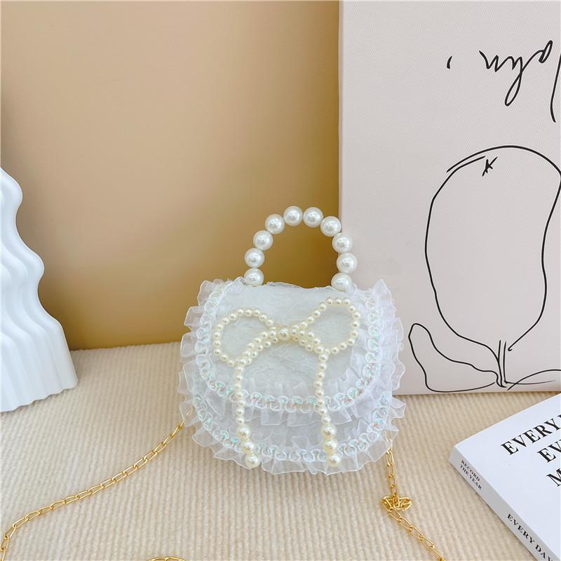 2025 new girls pearl handbag cartoon cute bow princess shoulder bag lace small satchel