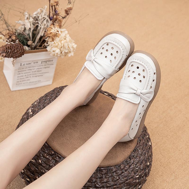 Fashion Genuine Leather Soft Sole Shallow Mouth Women's Shoes Hollow Out Breathable Casual Sneakers Comfort Women Flat Single Shoes