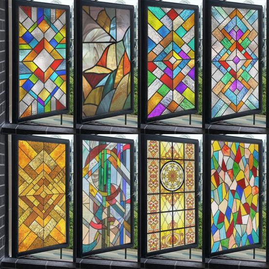 Stained Glass Window Privacy Film Vintage Home Church Decorative Frosted Static Cling Reusable UV Sun Blocking Glass Sticker Cover