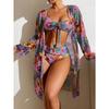 Split Three Piece Floral Printed Swimsuit Women Bikini Set Wireless Bra with Pad Sport Top Long Sleeve Blouse Swimwear Plus Size