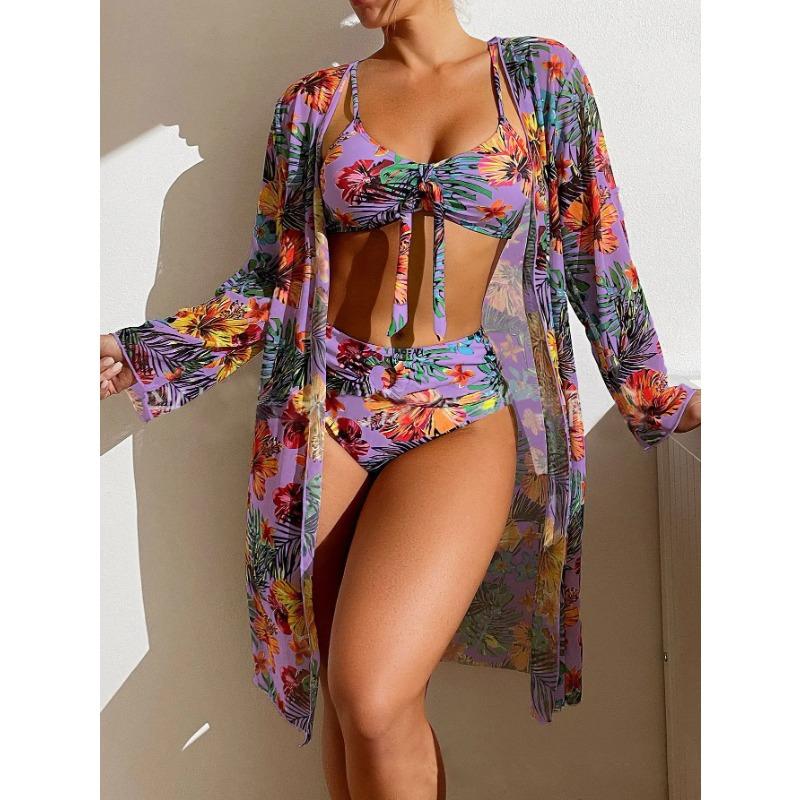 Split Three Piece Floral Printed Swimsuit Women Bikini Set Wireless Bra with Pad Sport Top Long sleeve Blouse Swimwear Plus Size