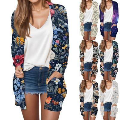 Women's Fashion Casual Retro Floral Print Mid-Length Cardigan Jacket