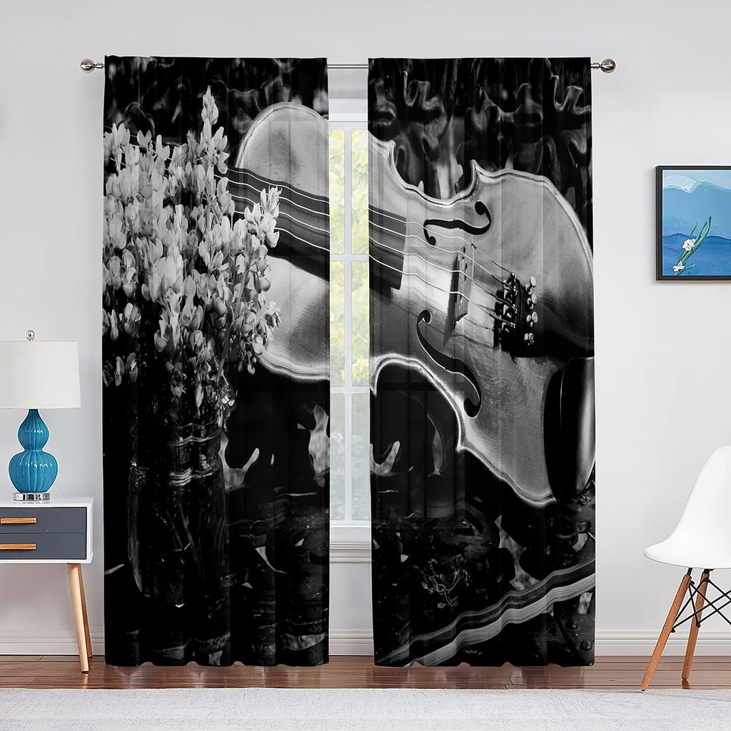 Röd Ros Blommig Kaffe Violin Skir Voile Gardin för Vardagsrum för Fönsterpersienner Sovrum Draperi Kök Hall Tyllgardiner