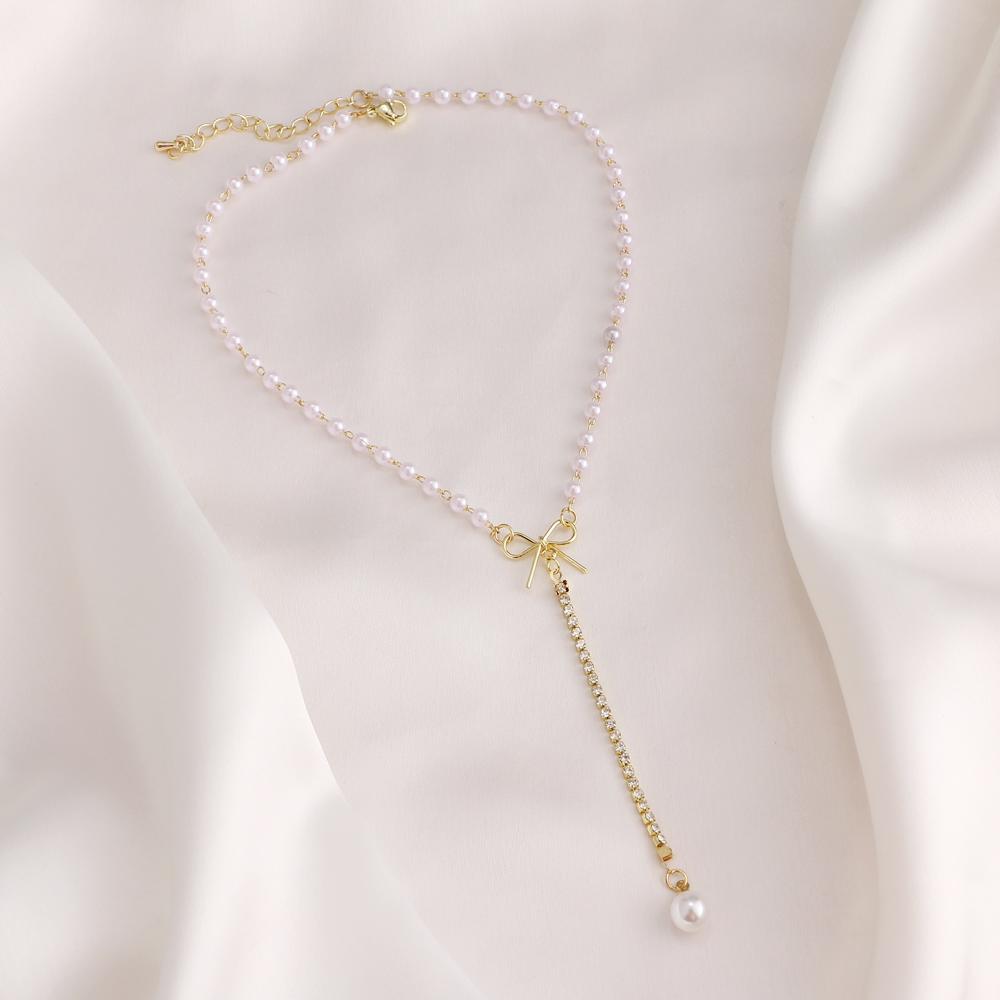 Bowknot Pearl Necklace Clavicle Chain Fashionable Exquisite Girl Jewelry