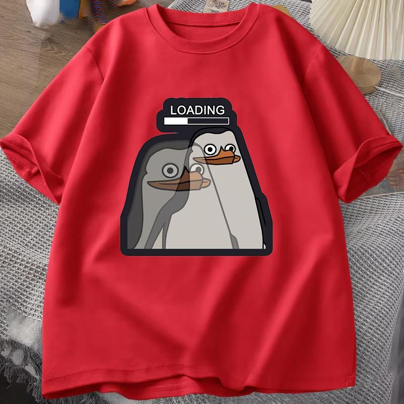 New Funny Loading Letter Cartoon Penguin Printing T Shirt Short Sleeve Round Neck Summer Casual Tshirt Top Women Clothing