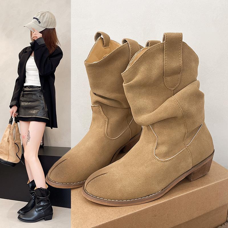 Sheepskin version~ inner height-increasing retro pleated stacking boots women's V-mouth suede mid-tube western boots versatile thick-heeled knight bo