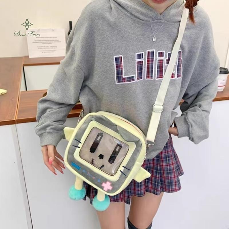 Y2K Cute Cartoon Cat Ita Shoulder Bags Mini Women Casual Crossbody Bag Kawaii Girls Transparent Pocket DIY Display Nylon Handbag