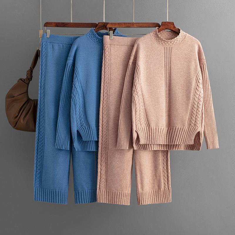 Fashion suit women's autumn and winter new casual solid color loose knitted semi-turtleneck sweater two-piece set