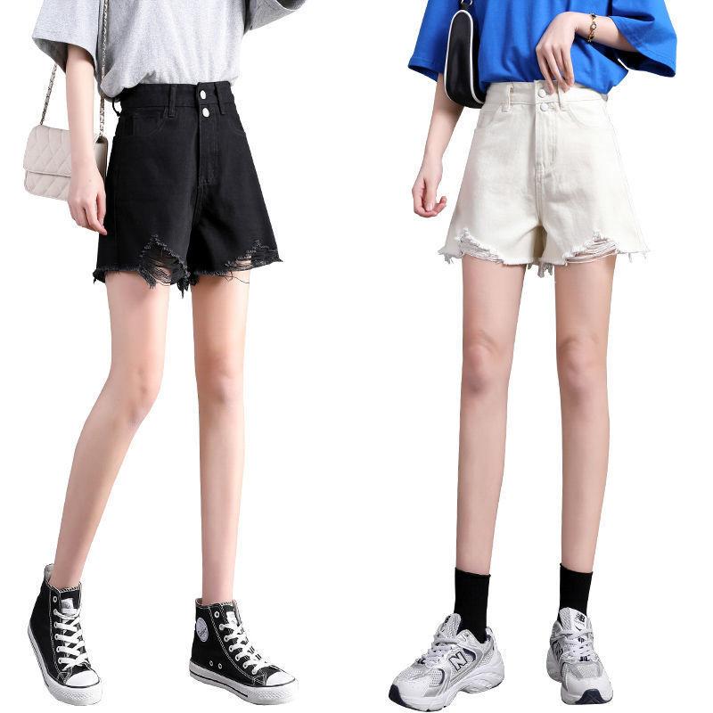 Skinny Versatile Denim Shorts Female Summer Thin Section of High-waisted Double-button Broken Holes Thin Versatile A Word Ultra-short Wide-leg Pants