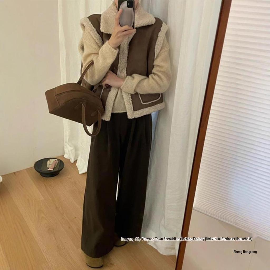 Women's Faux Suede Lambswool Vest 2024 Autumn/Winter Casual Black Leather & Fur Short Coat