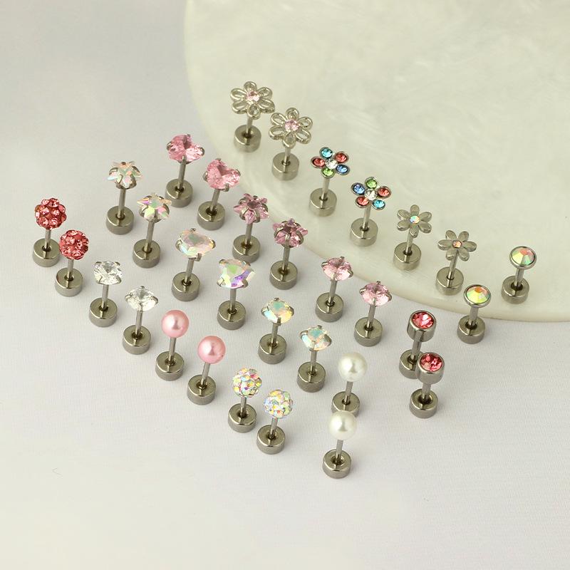 Stainless Steel Floral Screw Stud Earrings for Women - Small Round Disc Design, Thin Needle, Helix Set