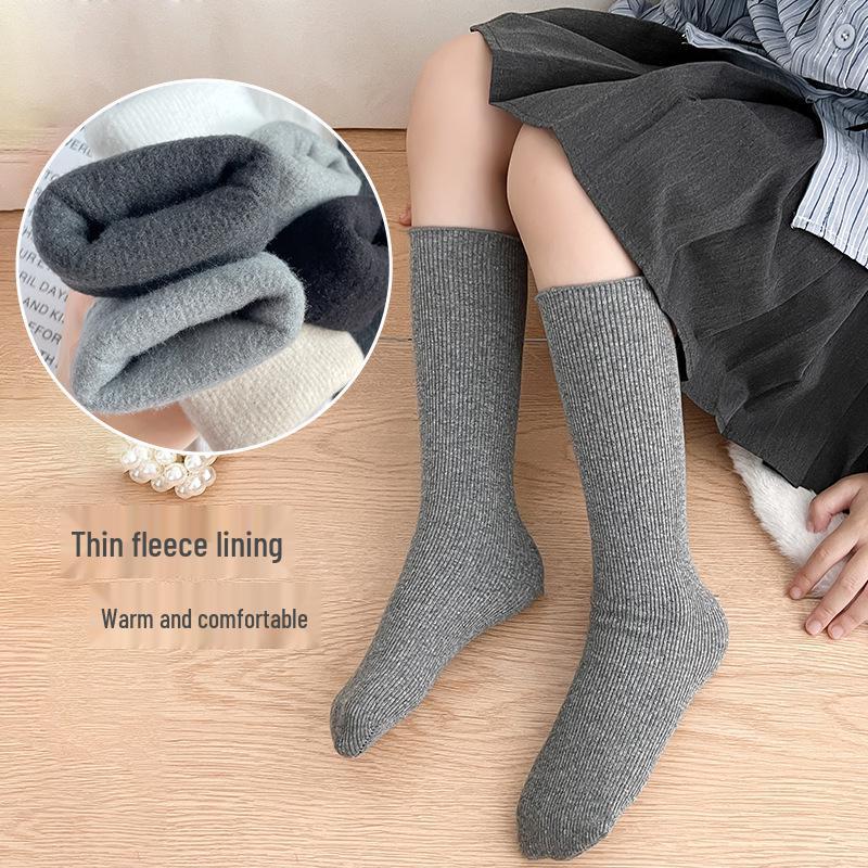 Chaussettes Mi-Mollet Couleur Unie pour Filles - Automne/Hiver Polaire, Brossées, Épaissies, Élastiques, Chaussettes Étudiant Colorées
