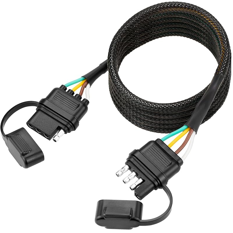 4 Pin Trailer Wire Extension, 24 Inch, 4 Way Flat Trailer Light Plug Connector With Dust Cover, 18AWG Pure Copper Wiring Harness Extender With Loom