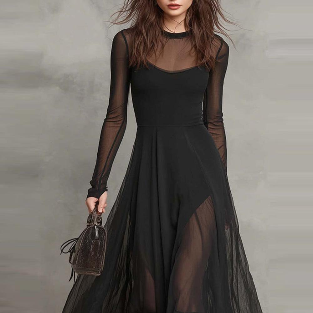 Women's Black Long Sleeve Sheer Mesh Panels Round Neck Maxi Dress