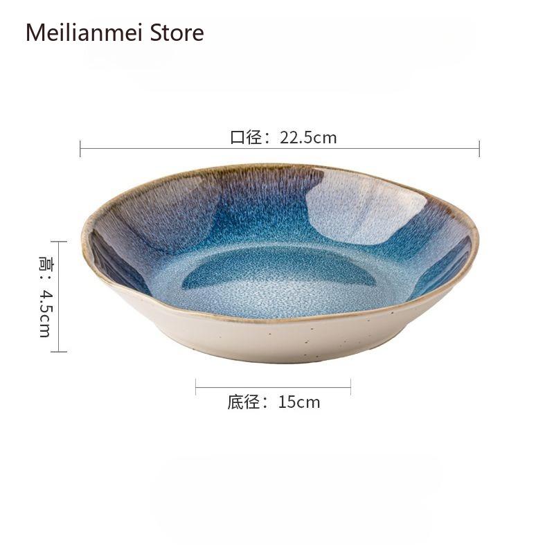 Синяя керамическая тарелка 9 дюймов Неправильная керамическая глубокая тарелка Светлая роскошь Салатные тарелки Ресторанная большая посуда Обеденные тарелки