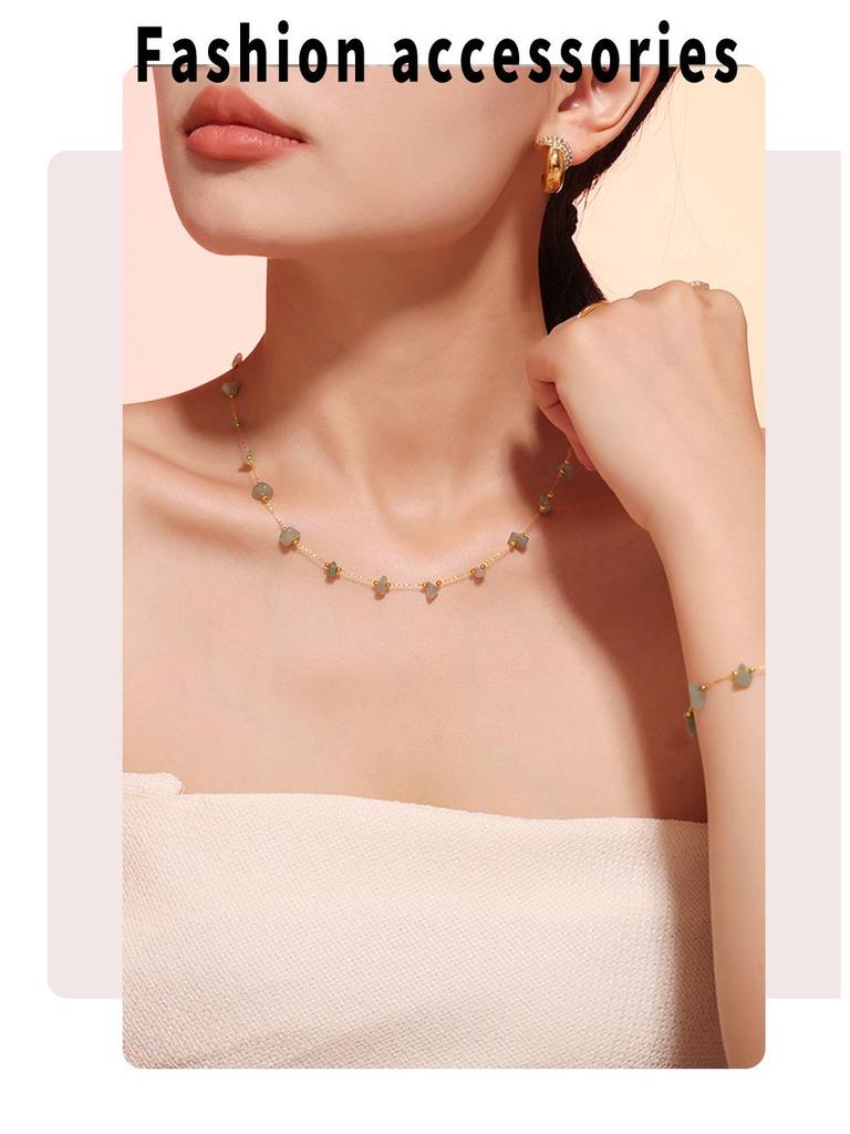 Natural Green Stone & Stainless Steel Collarbone Necklace and Bracelet Set
