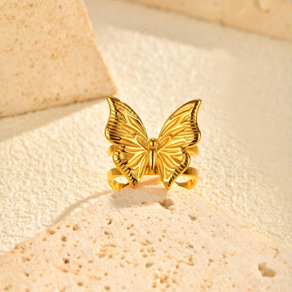 Retro Stainless Steel Butterfly Open Ring Gold Plated Geometric Rings for Women Vintage Jewelry Valentine's Day Gift