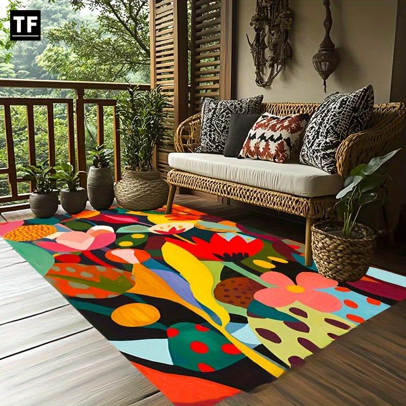 Extra Large Mat Non Slip Backing Plush Soft Floor Mat Modern Floral Pattern Red Green Yellow Pink Black Machine Washable Living