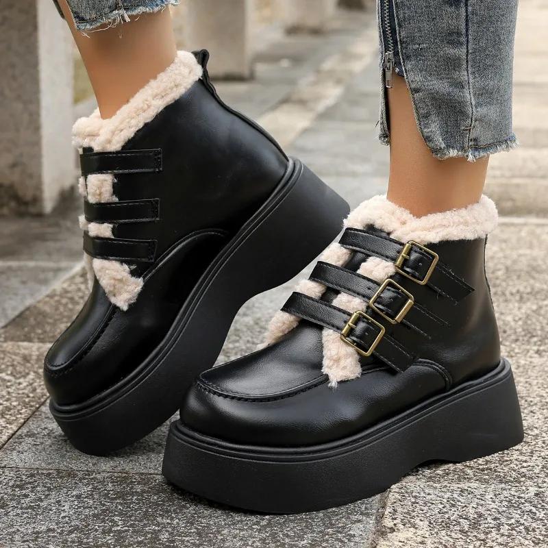 

Британский стиль Платформа Плюшевые Теплые Женские Ботинки Для Сноуборда Зимние Новые Пряжки Ремень Противоскользящие Толстые Ботинки Из Хлопка Современные Ботинки Zapatos 40 чёрный