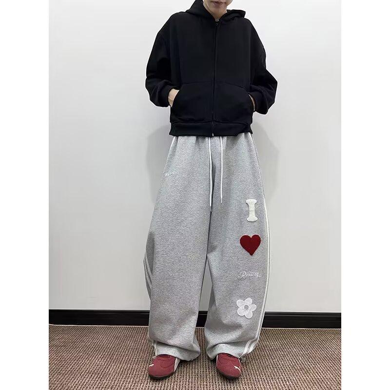 American striped silhouette casual sweatpants men's heavy design sense letter love hip-hop wide-leg couple sports trousers