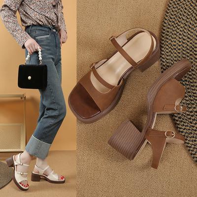 Fashion 2024 New Retro Genuine Leather Women's Sandals Square High Heels  Office  Platform Buckle Shoes