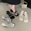 Sandals Women's Summer New Style Silver Rhinestone Bow Open-toed Niche Design Thick-heeled Slippers