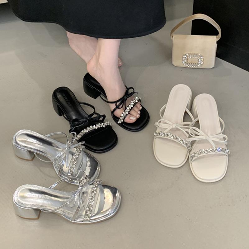 Sandals Women's Summer New Style Silver Rhinestone Bow Open-toed Niche Design Thick-heeled Slippers
