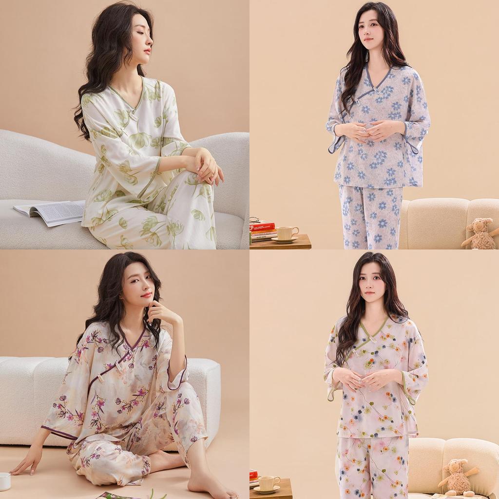 New Oriental Style Womens Pajama Twopiece With Breathable Cotton Satin For Home Use