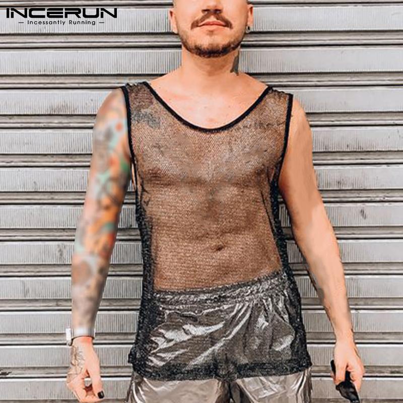 

INCERUN Лето Мужская прозрачная сетка Танк Топы Жилет Выдолбленный Влажный See Through