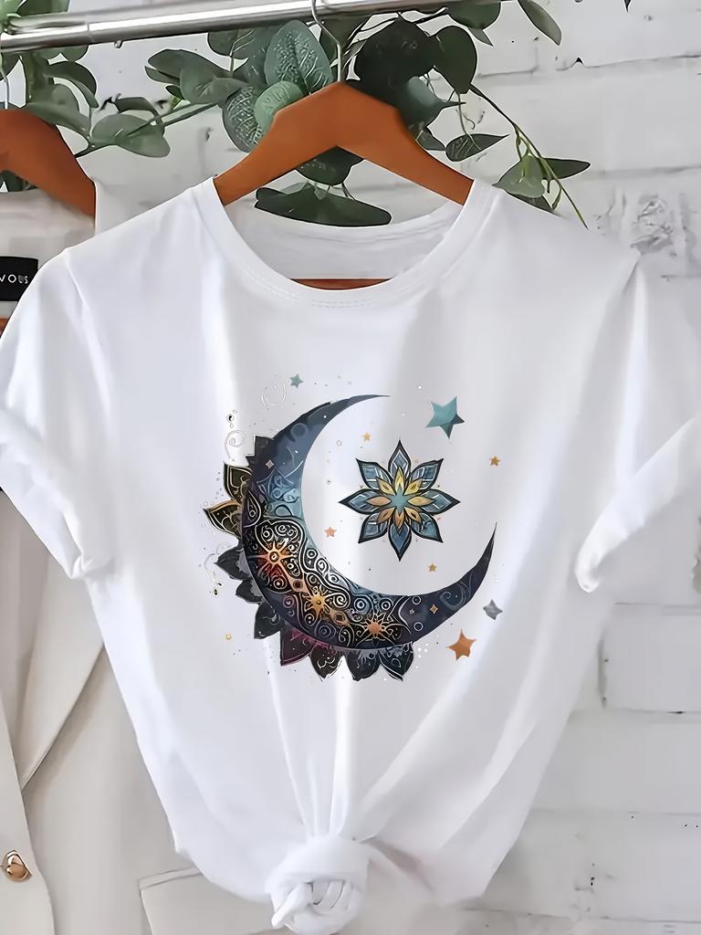 Crew Neck Moon And Star Print Shortsleeved Tshirt Unisexs Fashion Funny T Shirt Vintage Style Y2k Tees Tops Clothes Femme 90s