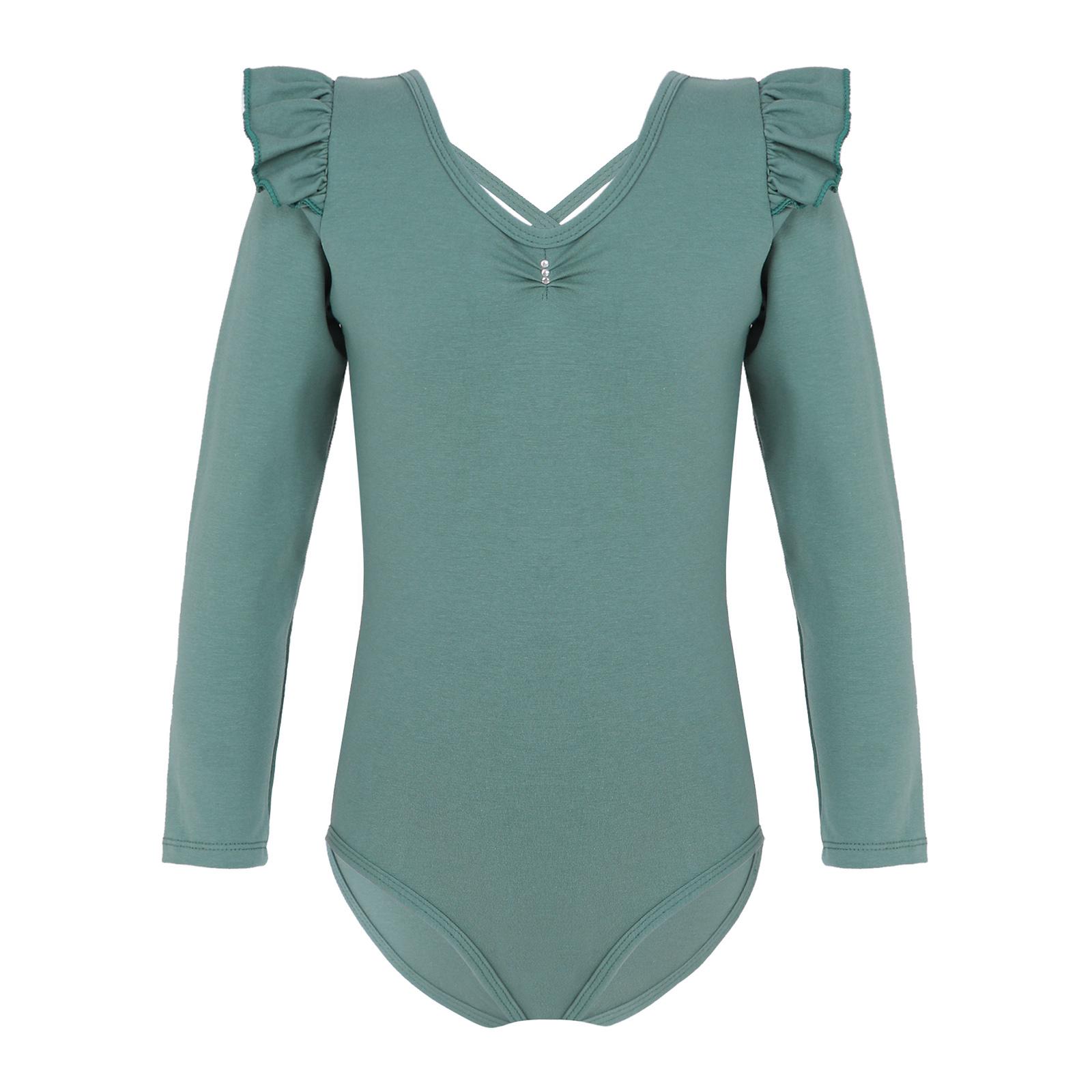 

Girls Long Sleeve Round Neck Ruffle Shoulder Crisscross Hollow Back Button Closure Crotch Dance Leotard 13-14 Years зелений