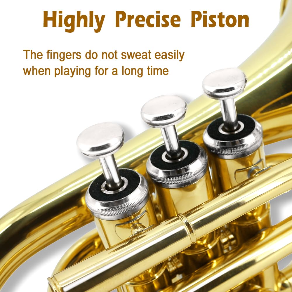 Yinfente B Flat Pocket Trumpet for Includes Student Cleaning 7C Hard and White Glove Beginners, Cloth, Silver-Plated Mouthpiece, Case, (Gold)