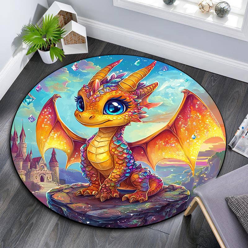 Fantasy Dragon Castle Round Area Rug,Carpet Rug for Living Room Bedroom Sofa Playroom Decor,Non-slip Floor Mat